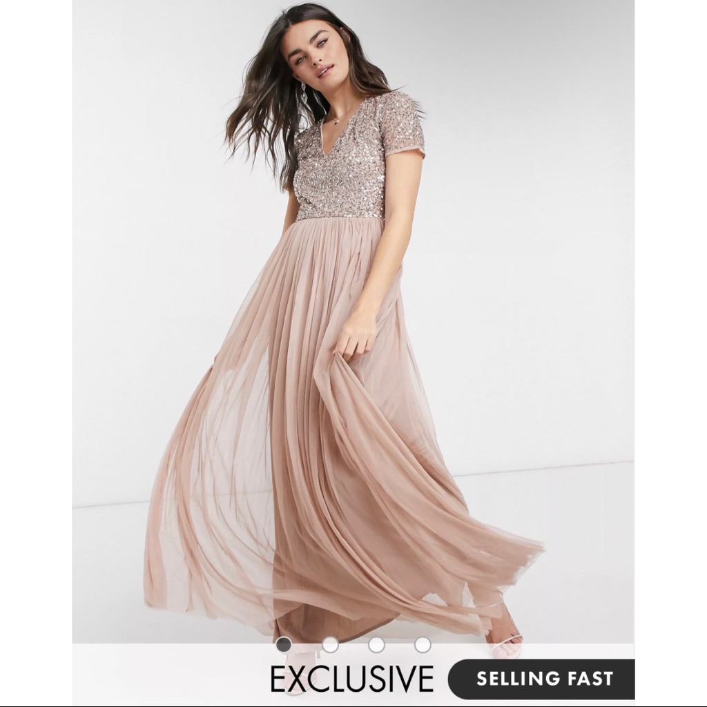 Maya Bridesmaid Vneck Maxi Tulle Dress With Tonal Delicate Sequins In Taupeblush